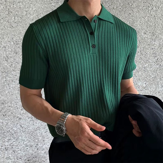 Luxury Retro Knit Lapel Striped Short Sleeve Polo Shirt M-3XL